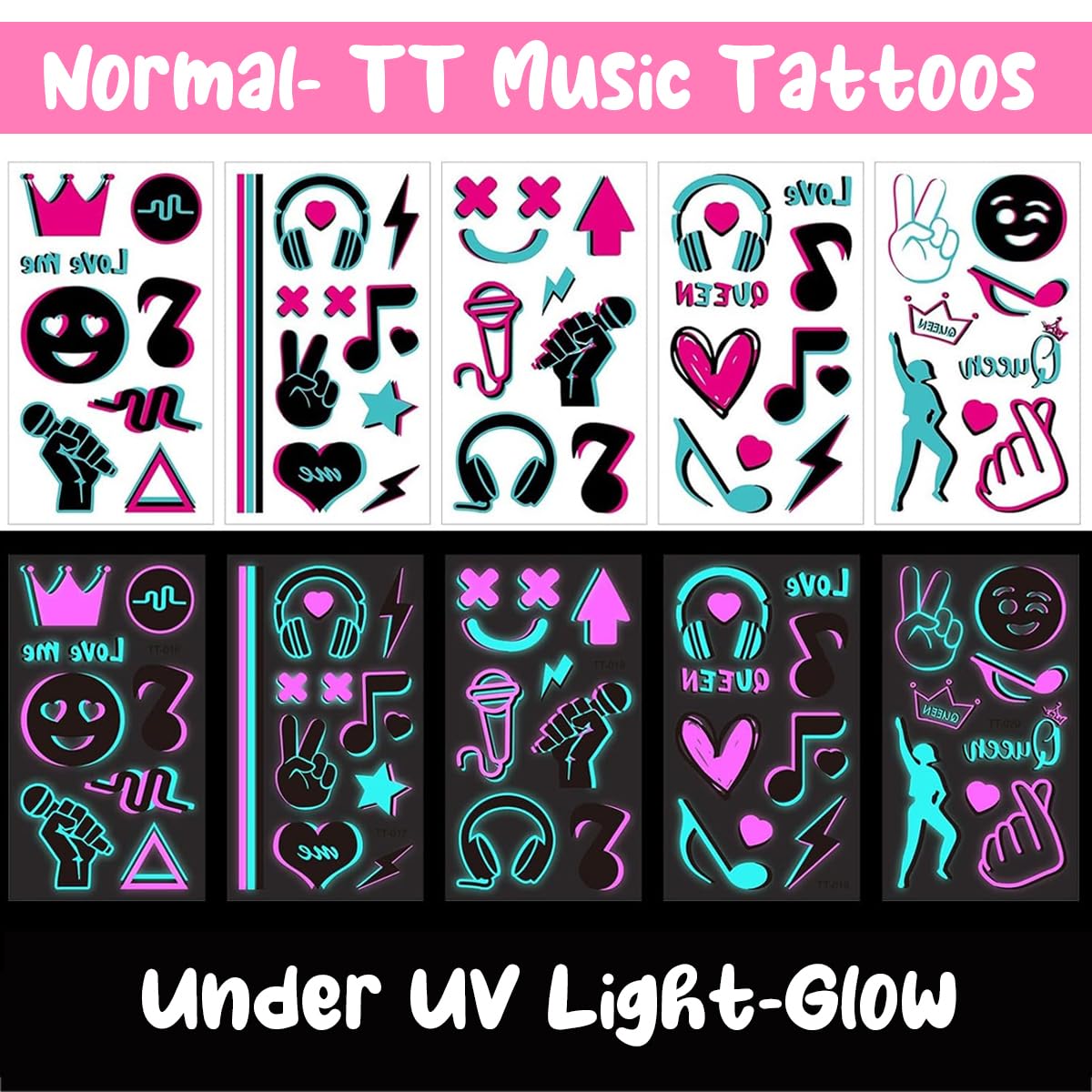 MAYCREATE Temporary Tattoo Sticker for Festival and Party with Dual Color Glow | 10 Sheets