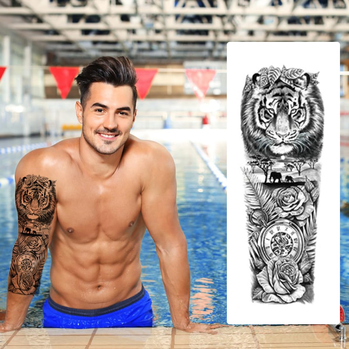 MAYCREATE Temporary Tattoos for Arms and Legs featuring 6 Sheets 48×17 cm Waterproof Designs | Ideal for Party and Club Looks