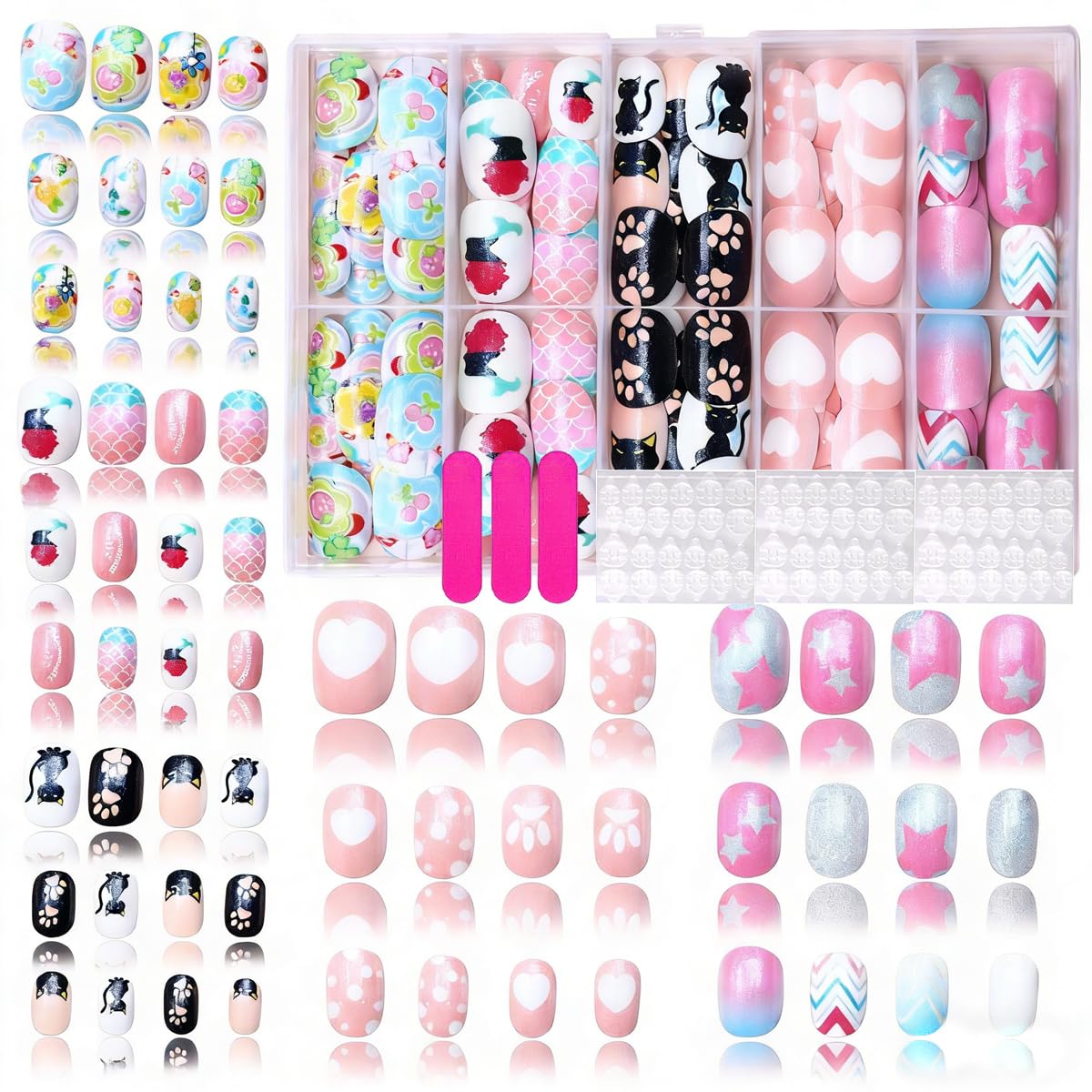 MAYCREATE® 120Pcs DIY Cartoon Press on Nails for Kids Girls,5 Designs Nail Art Kit for Girls 6-12 Fake Nails Kids Party,Dress-up & Play