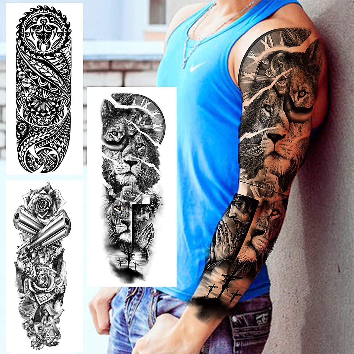 MAYCREATE Temporary Tattoos for Men and Women with 6 Waterproof 48×17 cm Sheets | Lion, Wolf and Skull Designs