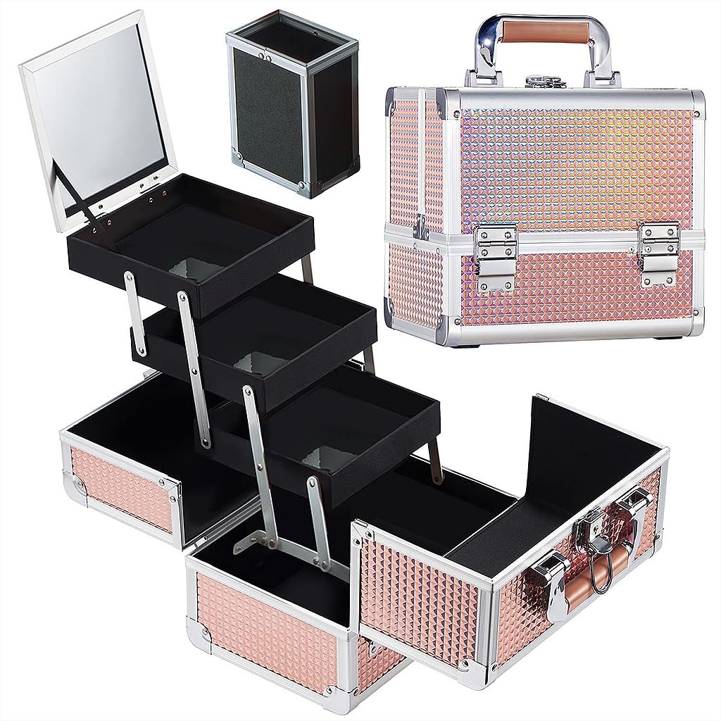 MAYCREATE Portable Makeup Organizer Suitcase Aluminum Alloy Travel Suitcase Multi Compartment Stackable Drawers Design Make-up Artist Train Case with Makeup Mirror & Makeup Brush Holder