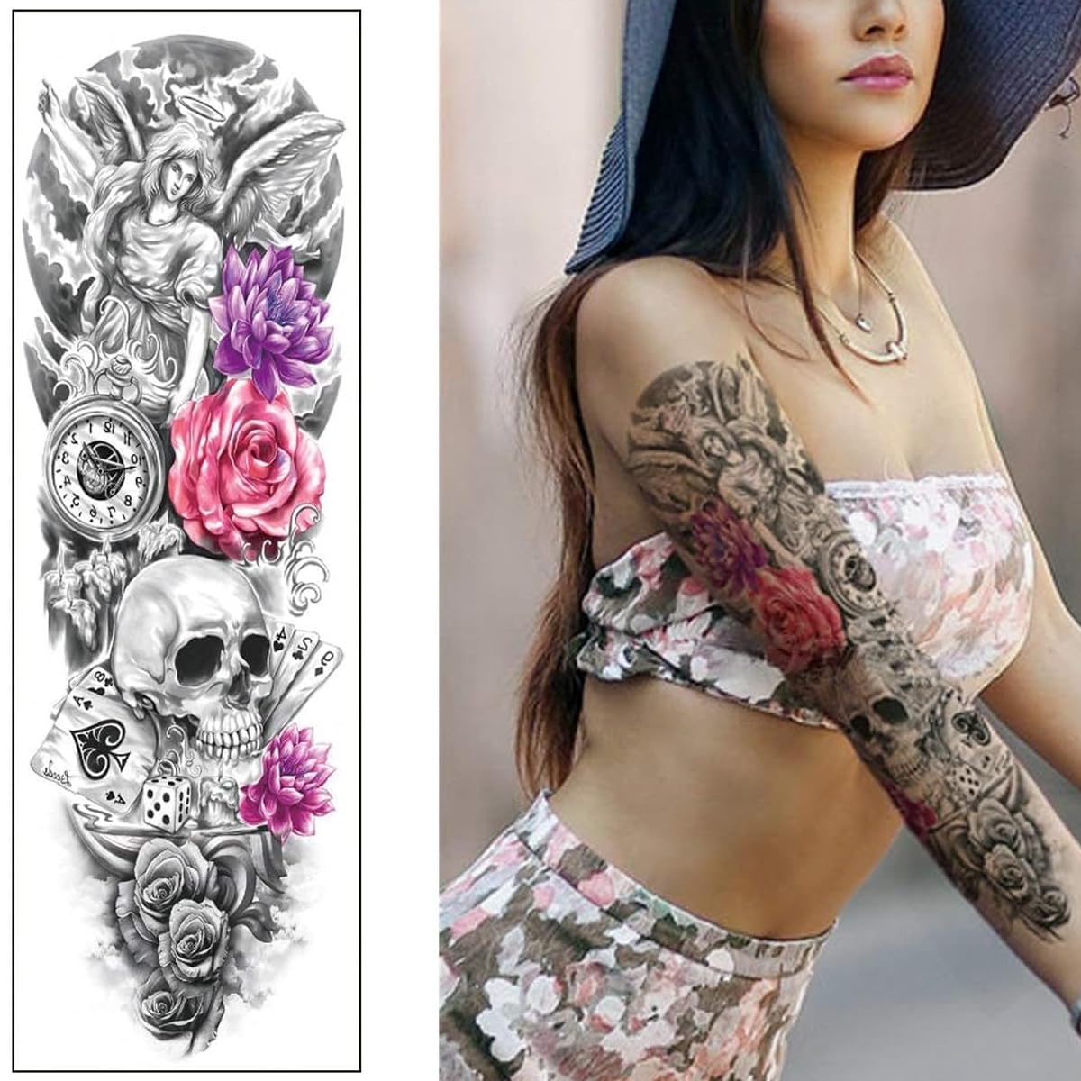 MAYCREATE Temporary Tattoo Stickers for Men and Women with 6 Sheets 48×17 cm Waterproof Designs | Ideal for Party and Club