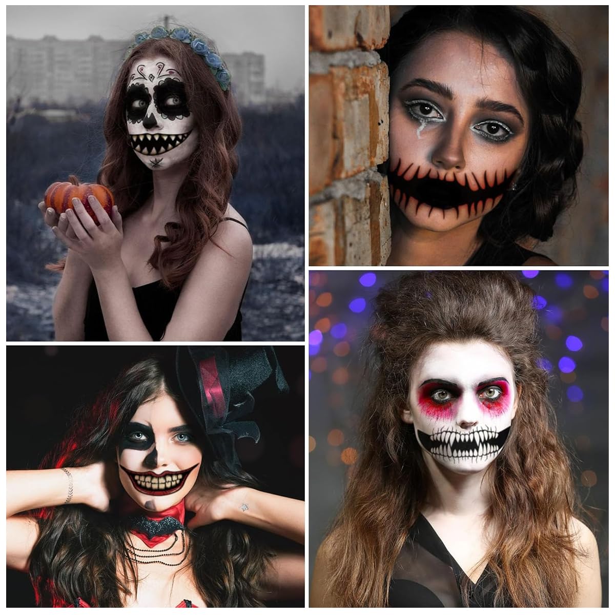 MAYCREATE 10 Sheet Halloween Temporary Tattoo for Women Men 3D Realistic Face Tattoo Sticker Waterproof Vampire Cosplay Makeup Horror Smile Mouth Tattoo Sticker