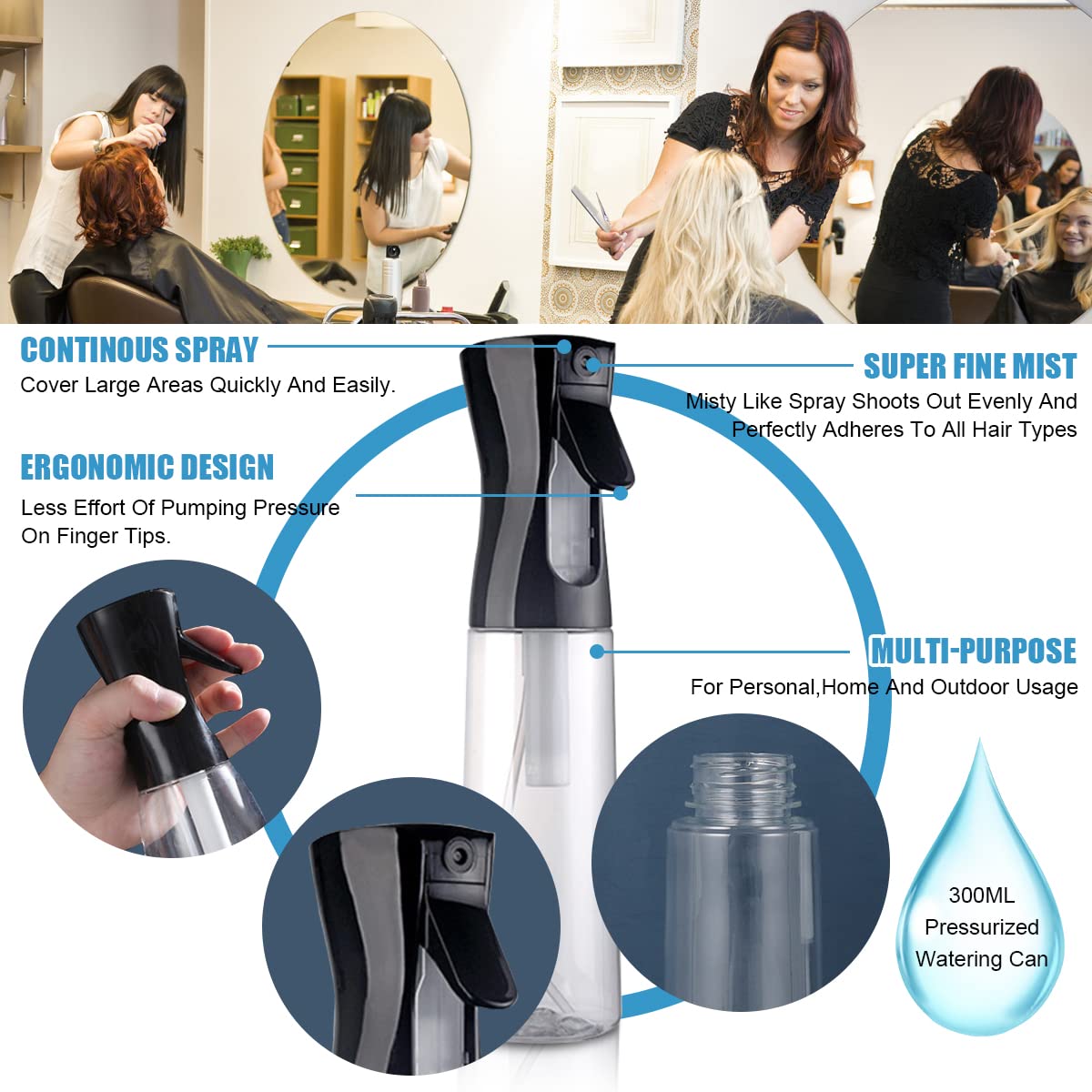 MAYCREATE 300ml Refillable Spray Bottles, Empty Plastic Mist Water Spray Bottle for Hair, Portable Skin Moisturizing Spray Bottle for Alcohol, Cleanser Dispenser(Black)