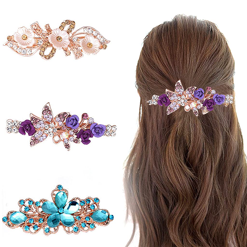MAYCREATE Hair Clips for Women with Rhinestone Flower Design 3 Pcs 6.5×2.5 cm | Alloy Barrettes for Girls