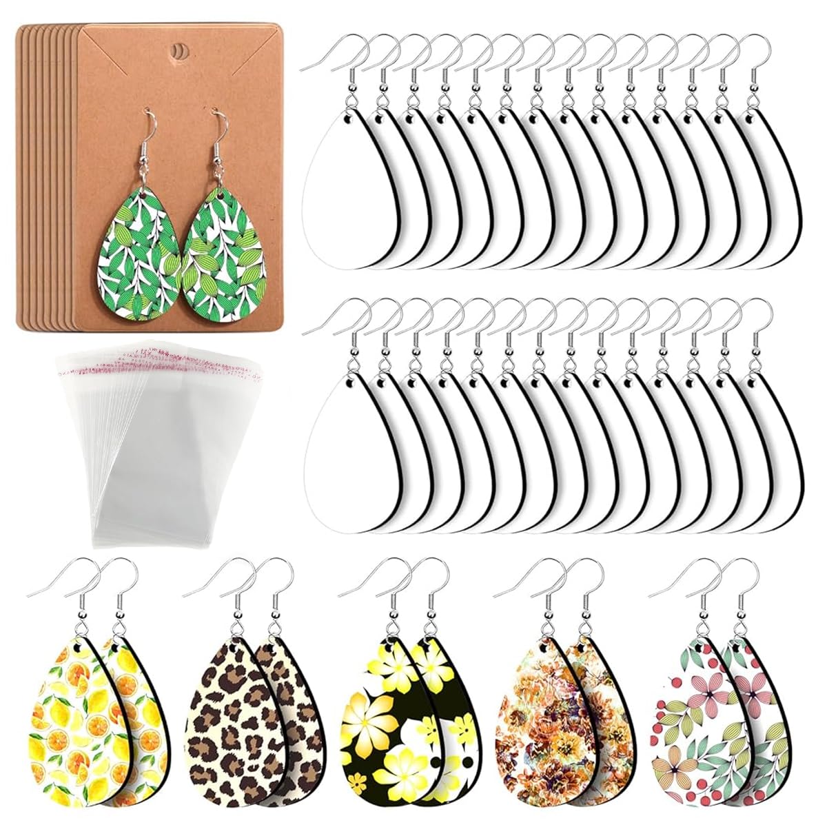 MAYCREATE 50Pcs Sublimation Earring Blanks Bulk, DIY Raindrop Dangle Earrings Making Kit with Earring Hooks, Jump Rings, Ear Plugs, Earring Cards Holder Kit for DIY Crafts