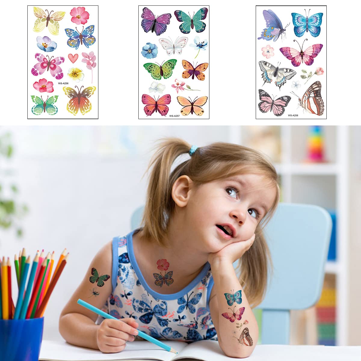 MAYCREATE 10 Sheet Butterfly Tattoo Sticker, Temporary Sticker for Face Arm, Waterproof Temporary Tattoos for Birthday Parties, Group Activities, Party Tattoo Sticker