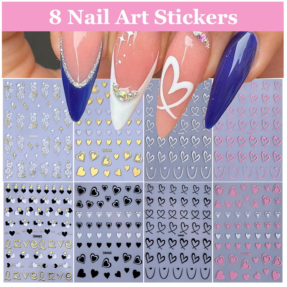 MAYCREATE Heart Nail Stickers for Art and DIY Nails featuring 8 Sheets Black White Pink Designs