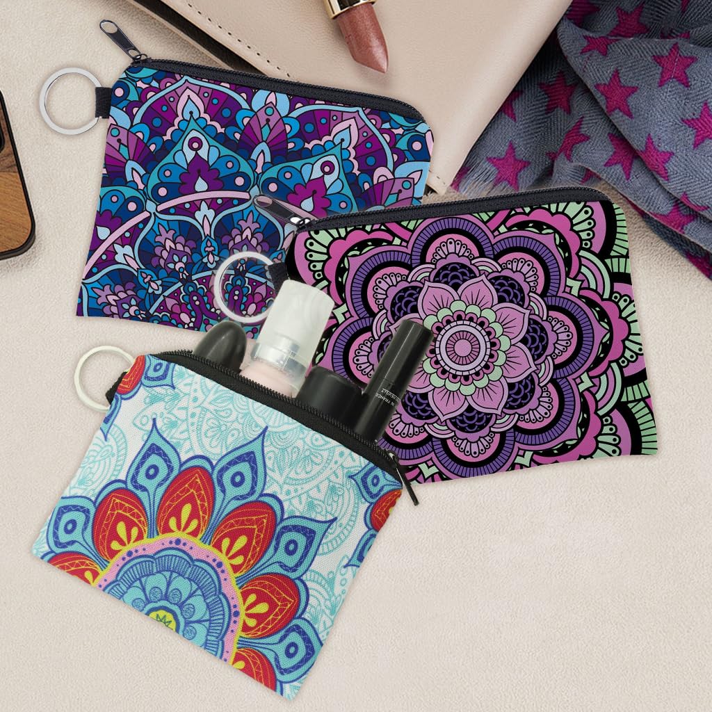 MAYCREATE Mandala Coin Purse Set for Travel and Daily Use with Metal Loop Ring | 3Pcs Polyester Pouches for Women and Girls