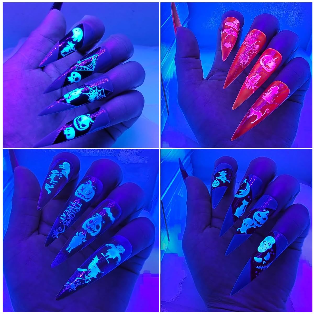 MAYCREATE 12 Sheets Halloween Nail Art Stickers, Luminous Nail Design Glow in The Dark Nail Decals, 3D Self-Adhesive Luminous Spooky Spider Web Skull Pumpkin Nail Art Design for Women Girls