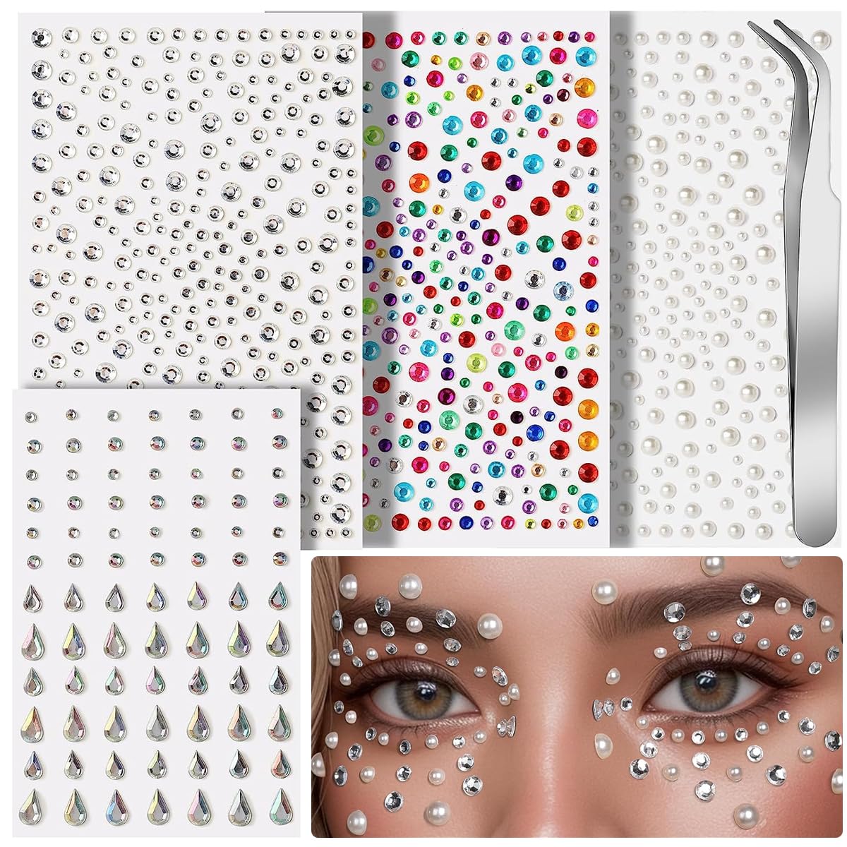 MAYCREATE 4 Sheet Face Gems Rhinestones Pearl Stickers Kit for Makeup with Tweezer, Self-Adhesive Glitter Color Festival Face Jewels Hair Gems Sticker for Crafts, Nail Art, Clothes Making