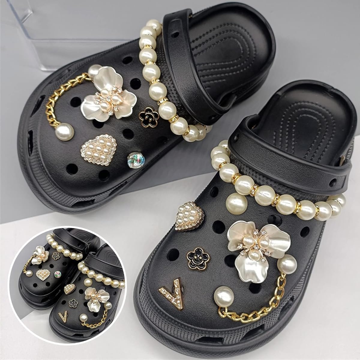 MAYCREATE 14pcs Bling Shoe Charms, Flower Pearl Clog Shoes Accessories, Fashion Crystal Rhinestone Shoes Charms Pearl Chain DIY Sandals Decoration for Women, Party Favors Birthday Gifts
