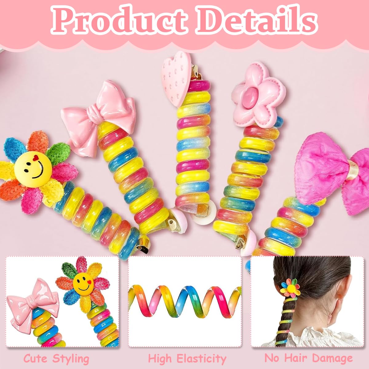 MAYCREATE 5pcs Telephone Wire Hair Band for Kids Girls, Elastic Spiral Hair Ties for Girls, Cartoon Cute Braids Ponytail Holder Maker Hair Accessories for Girls Children Gifts