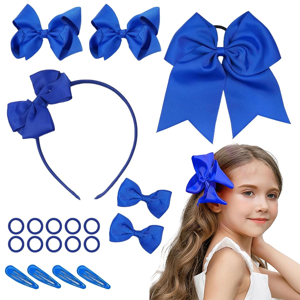 MAYCREATE Girls Bow Hairband Set of 20pcs, Hair Bows for Kids Girls, Bowknot Hair Clips Rubber Hair Ties Hair Accessories Kit for Toddlers, School Girls - Royal Blue