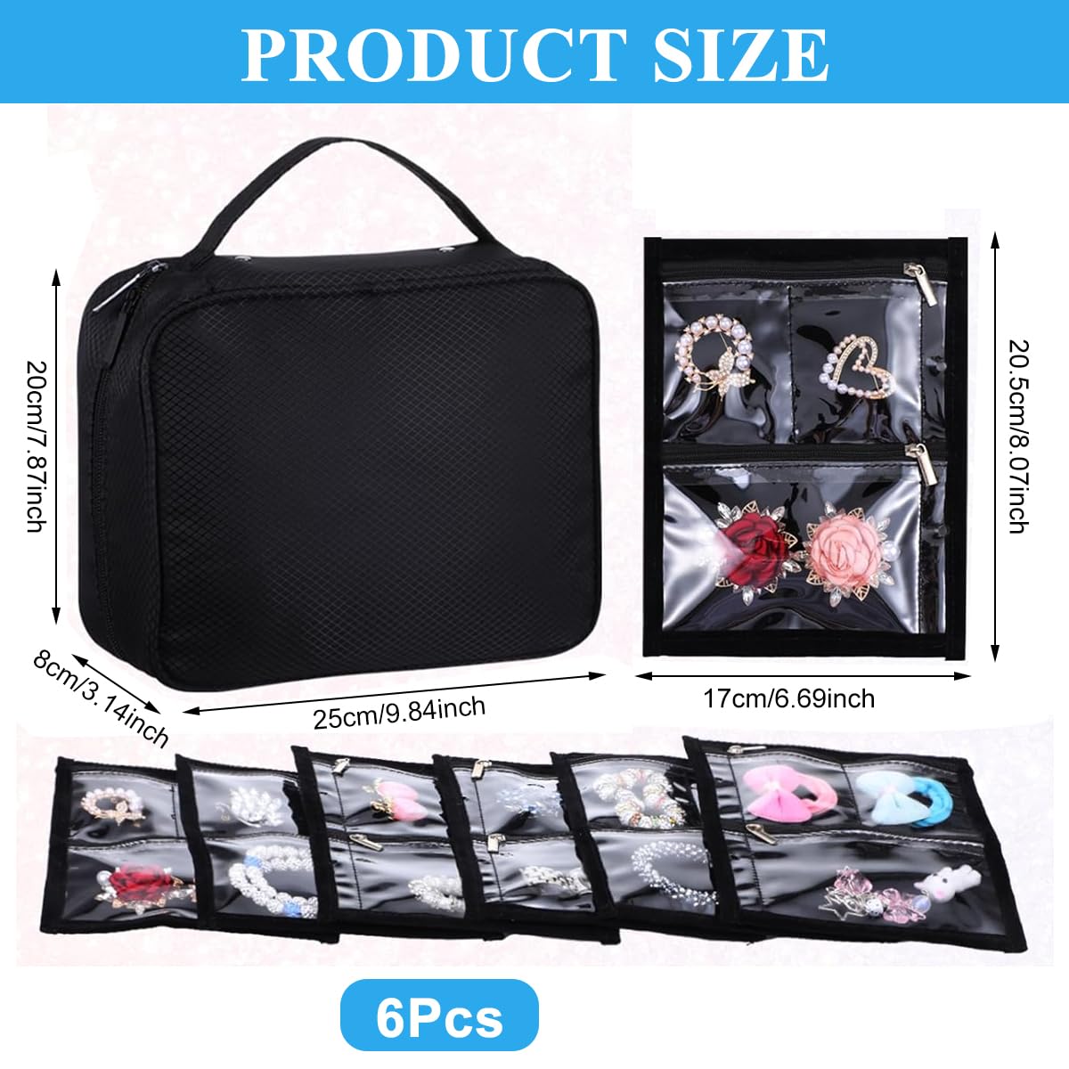 MAYCREATE Jewellery Organiser Box for Home and Travel with 36 Zipper Pockets Featuring Removable Double Sided PVC Bags and Black Oxford Cloth