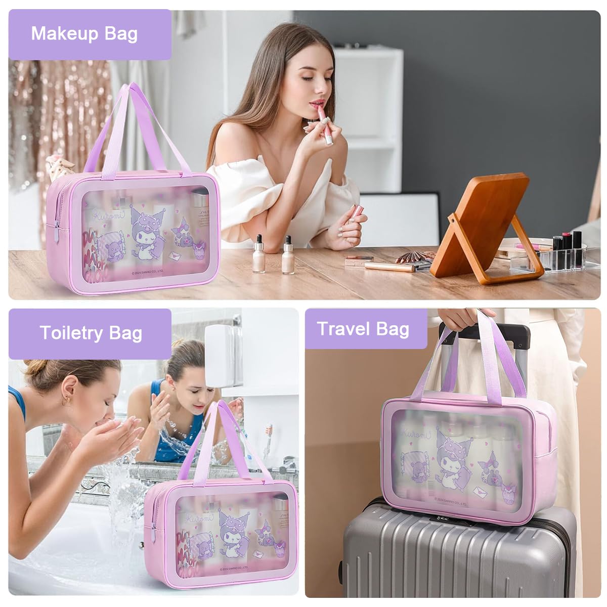 MAYCREATE Toiletry Bag for Women with 25x16x10cm Capacity featuring Waterproof PVC | Cute Kuromi Travel Organizer Set