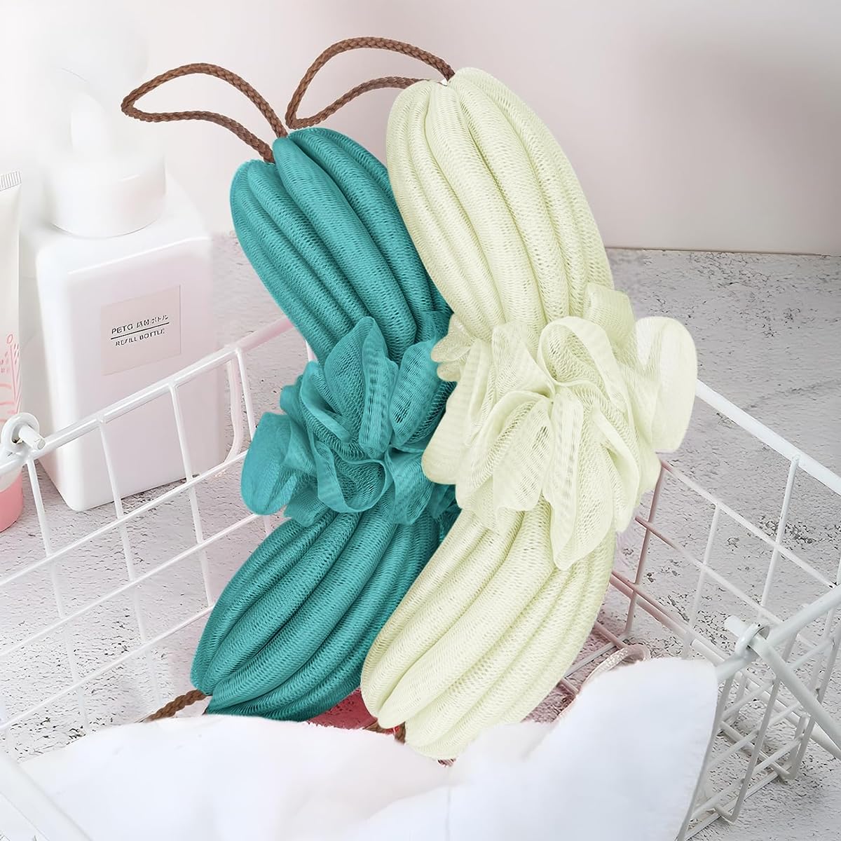 MAYCREATE Bath Shower Loofah Sponge, 2 Pack Long Stretch Back Sponge Exfoliating with Rope Handles, Back Scrubber for Shower Body Scrub Stretch Loofah for Women and Men (Navy+Green)