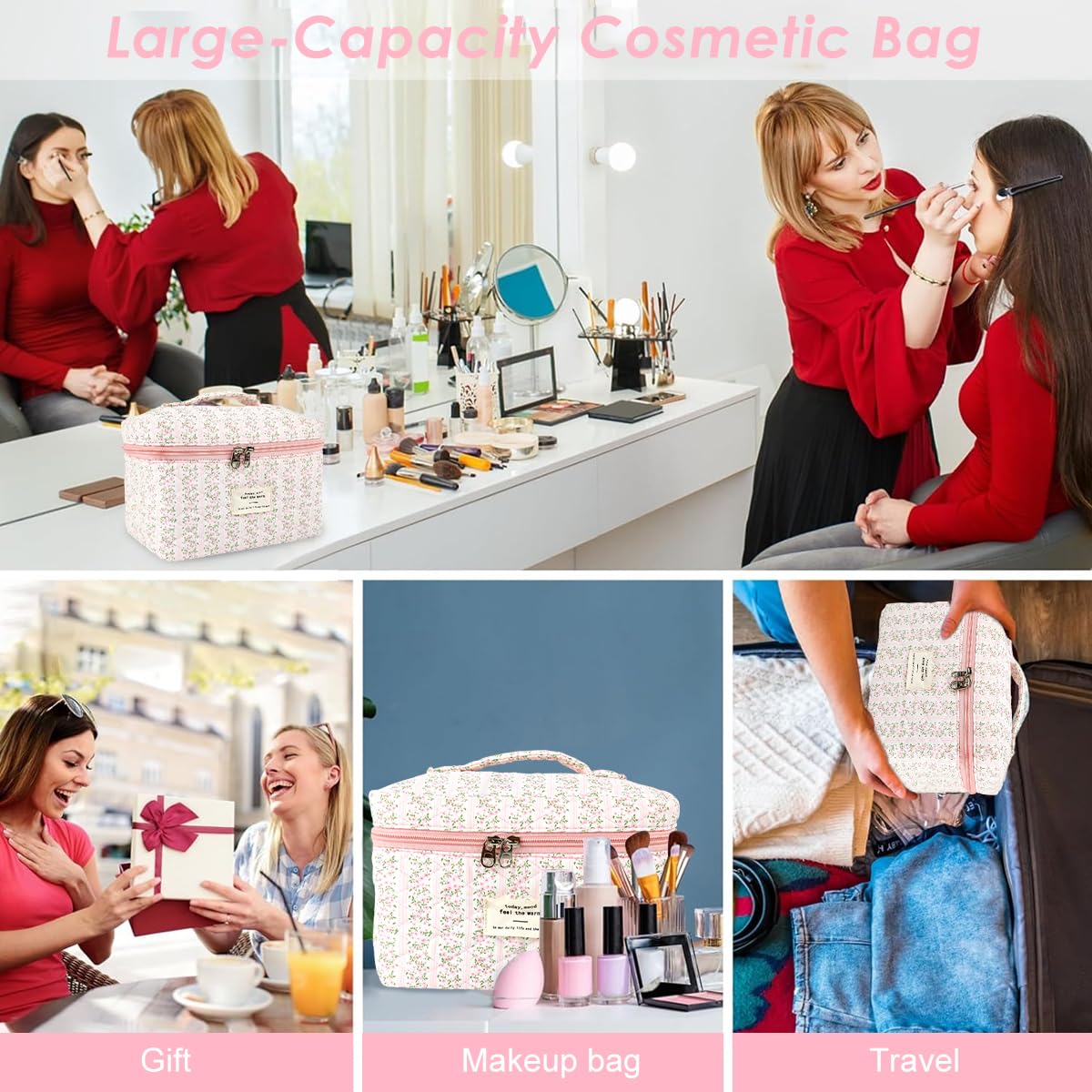 MAYCREATE Makeup Bag for Travel and Office with 25x16x15cm Storage | Soft Cotton Floral Print