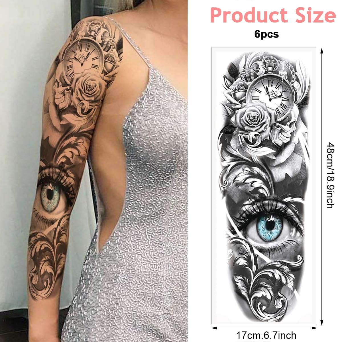 MAYCREATE Temporary Tattoo Stickers for Men and Women with 6 Sheets 48×17 cm Waterproof Designs | Ideal for Party and Club