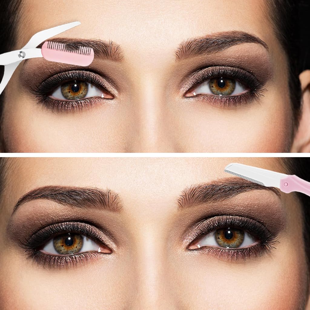 MAYCREATE Eyebrow Grooming Kit with 9PCS Stainless Steel Tools and Folding Razor | Pink Case