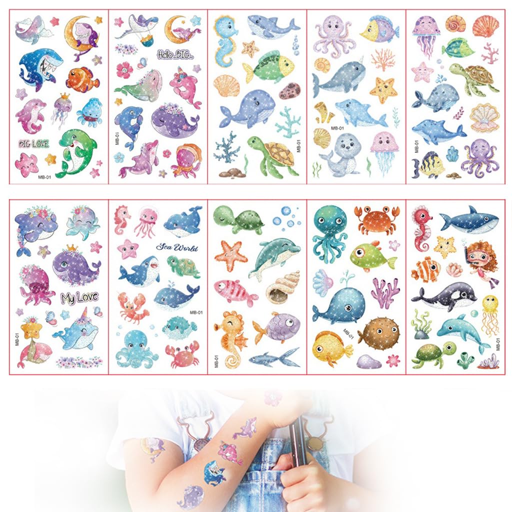 MAYCREATE Tattoo Sticker for Kids, 10 Sheet Glittering Temporary Tattoo, Cartoon Ocean Animals Fake Tattoos for Girls Boys Birthday Parties, Group Activities