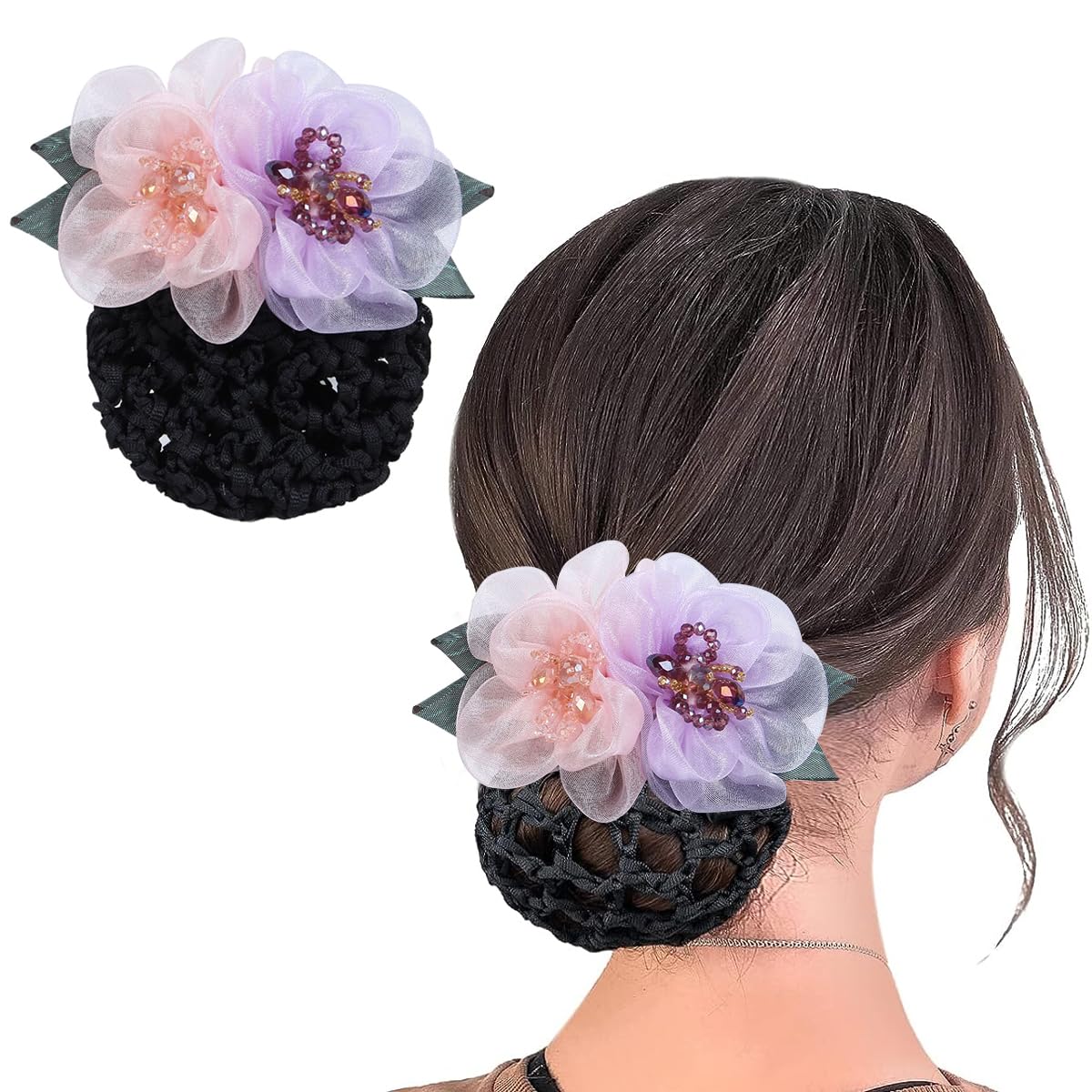 MAYCREATE Hair Snood Net Barrette Bun Cover, Floral Hair Bun Clips for Women Girls Gift, Hair Bun Accessories Bun Maker Spring Clip Hairnet for Dancer Nurse Work or Daily