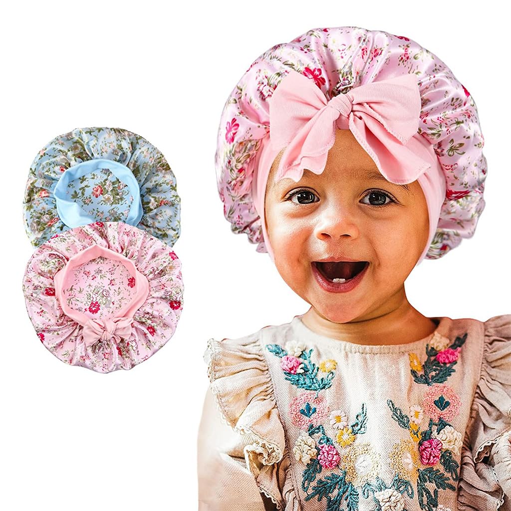 MAYCREATE 2pcs Kids Silk Bonnet for Hair, Baby Cap Floral Print Satin Hair Bonnet, Elastic Band Soft Silk Hair Cap for Sleeping, Night Hat Shower Cap for Toddlers Child Baby 2-8 Years Old Gift