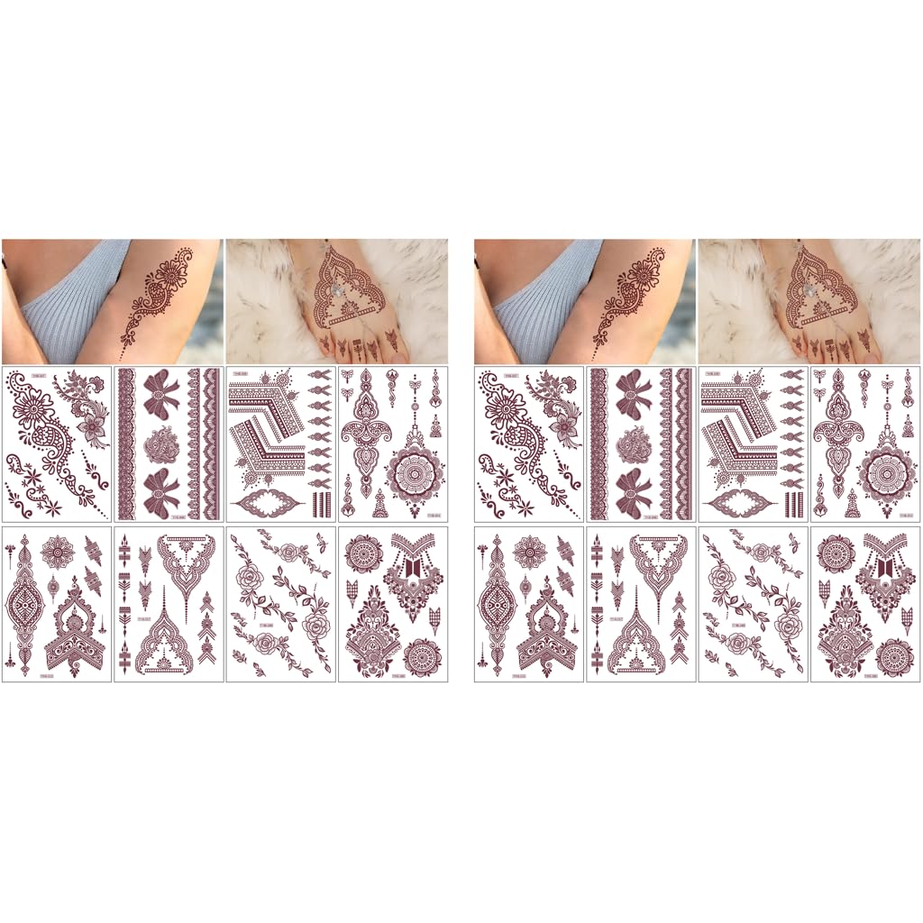 MAYCREATE Henna Temporary Tattoo Sticker for Women with 8 Sheets Waterproof Brown Designs | Easy Application and Lasts 5–7 Days