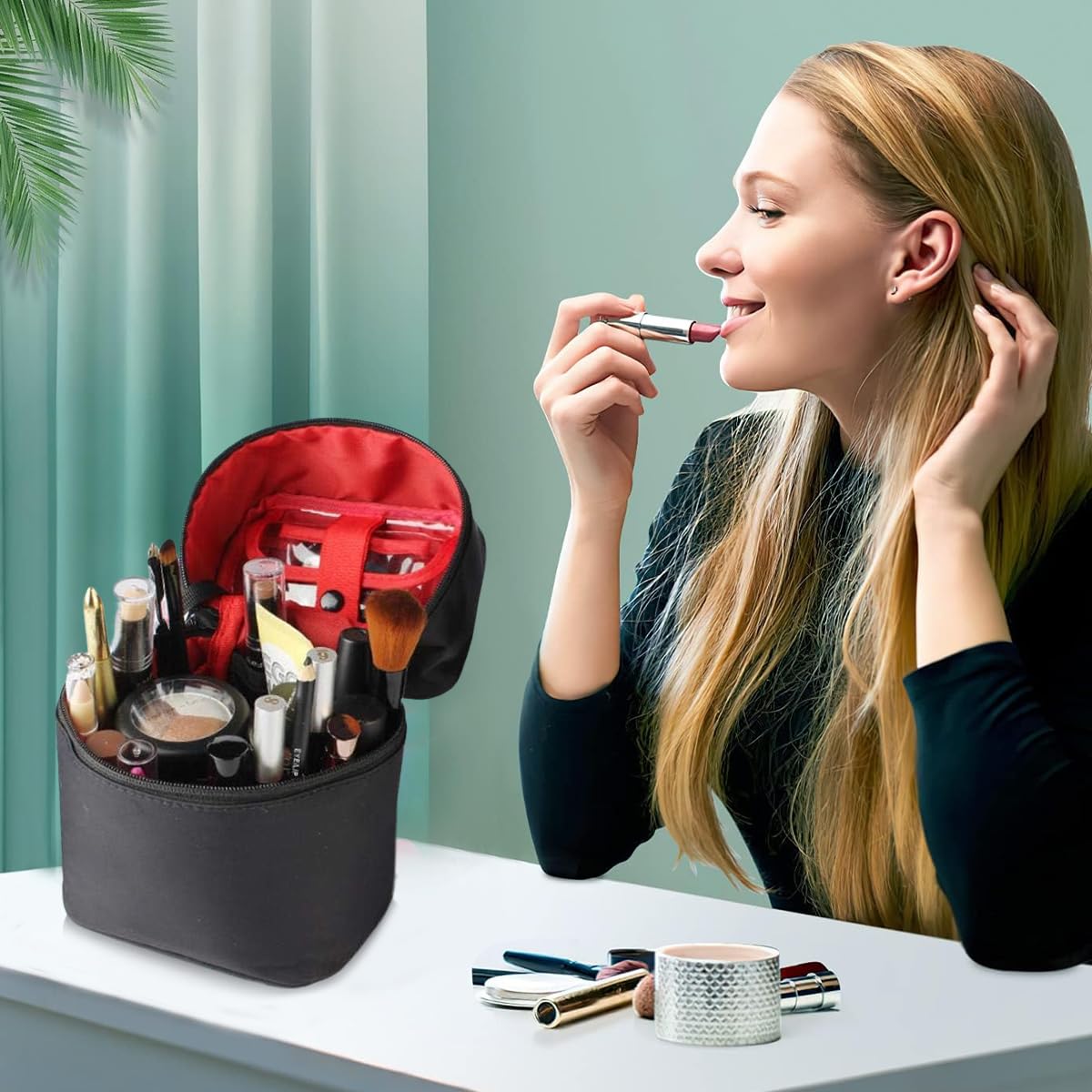 MAYCREATE Small Makeup Bag for Travel featuring Standup Dual Zipper Design and Waterproof Nylon | Black Portable Vanity Pouch for Women