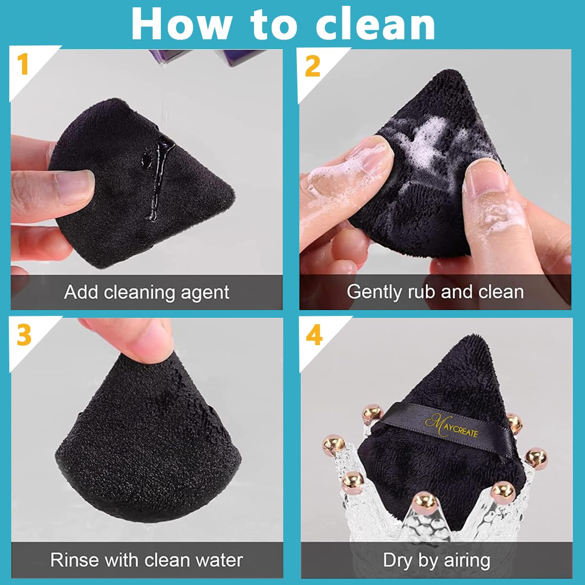 MAYCREATE 4pcs Triangle Powder Puff Makeup Sponge Puff with Case, Soft Cosmetic Face Makeup Puff for Loose Powder - Reusable, Skin-Friendly, Wet and Dry Use (Black)