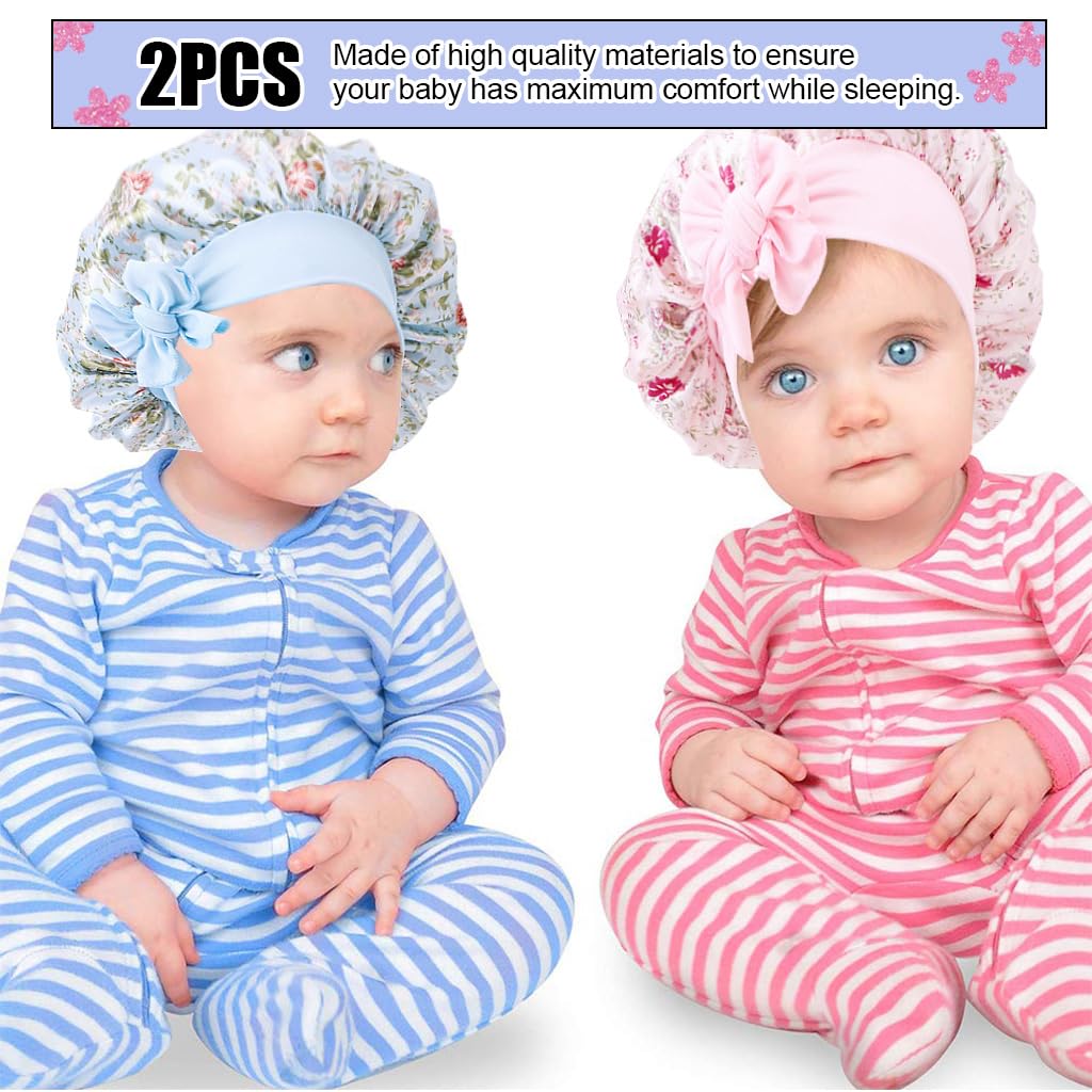 MAYCREATE 2pcs Kids Silk Bonnet for Hair, Baby Cap Floral Print Satin Hair Bonnet, Elastic Band Soft Silk Hair Cap for Sleeping, Night Hat Shower Cap for Toddlers Child Baby 2-8 Years Old Gift