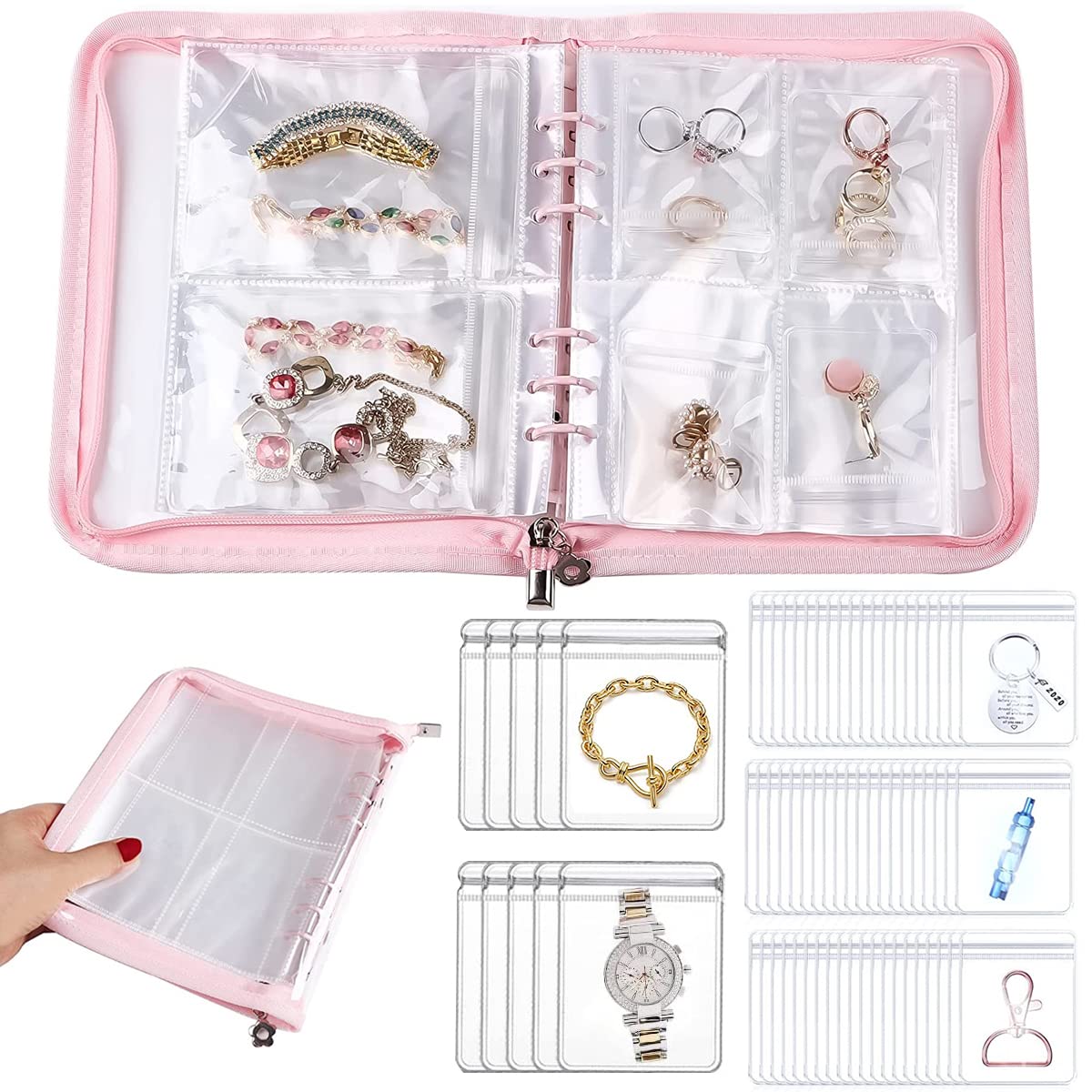 MAYCREATE Transparent Jewelry Storage Book, Anti Oxidation Jewelry Storage Organizer Bag with 60 Pockets for Bracelets Necklace Rings, Pink