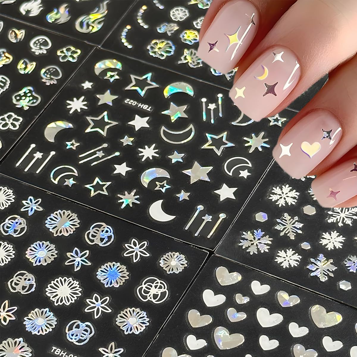 MAYCREATE Nail Art Stickers featuring 30 Sheets Self-Adhesive Holographic Designs for DIY Nails | Aurora Moon and Star Decals for Women and Girls