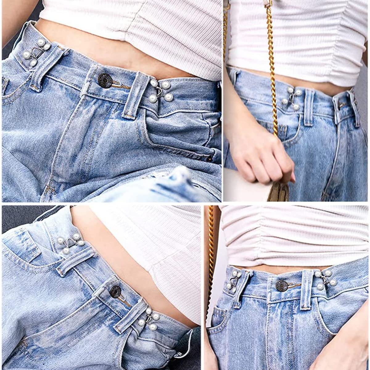 MAYCREATE 4Pcs Adjustable Waist Buckle for Loose Jeans Pants,Pearl Detachable Instant Jeans Button Pins Waist Tightener Set,Make the Waist Fit for Skirt Pants Robe,No Sewing Required