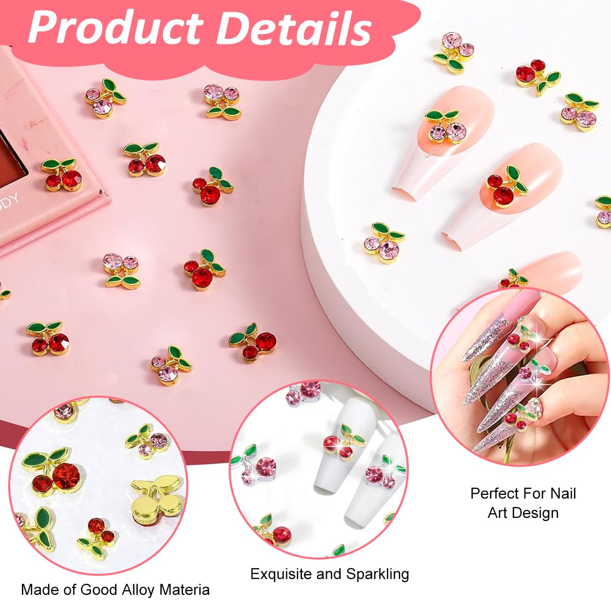 MAYCREATE 50Pcs 3D Cherry Nail Charms, Pink+Red Nail Rhinestones Nail Art Shiny Cute Fruit Luxury Gems, Crystal Diamond Jewels Studs with Rhinestones for Nail Design Nail Art Decoration for Women