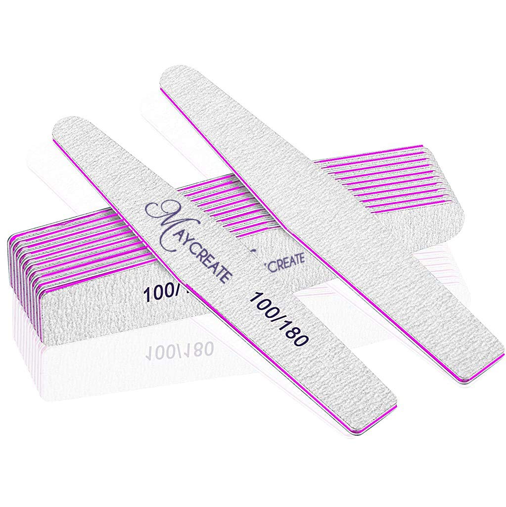 MAYCREATE 10PCS Nail Files, Professional Nail Filer and Buffer, Curved Fingernail Files, 100/180 Grit with 240 Grit for Smooth Finishing, Sponge and PP Board for Home and Salon Use (Pink)