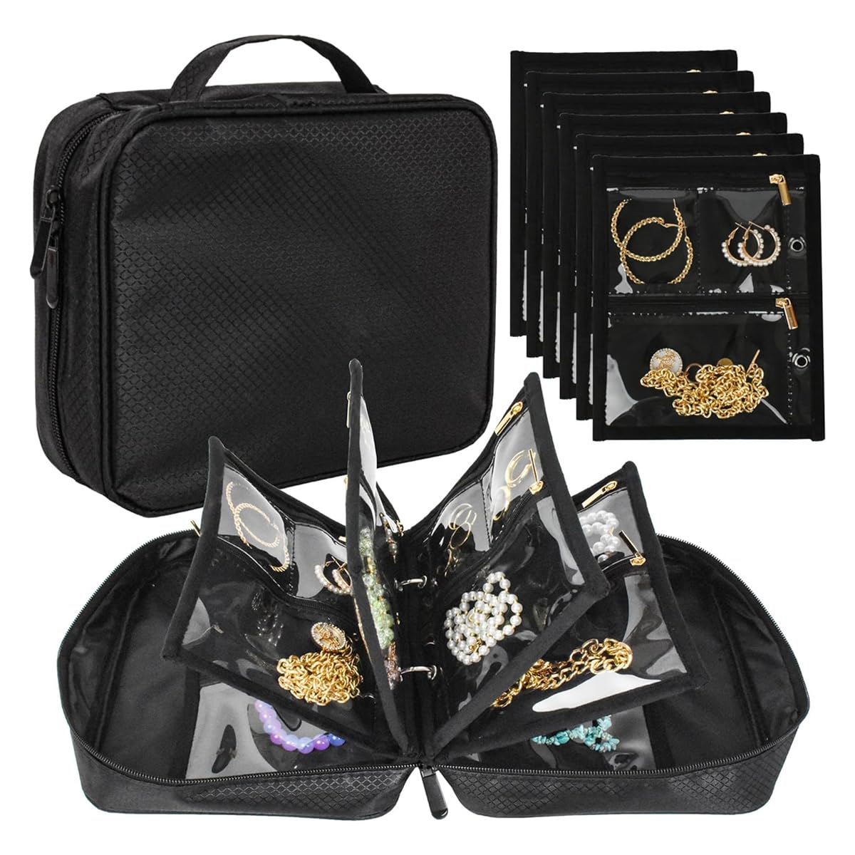 MAYCREATE Jewellery Organiser Box for Home and Travel with 36 Zipper Pockets Featuring Removable Double Sided PVC Bags and Black Oxford Cloth