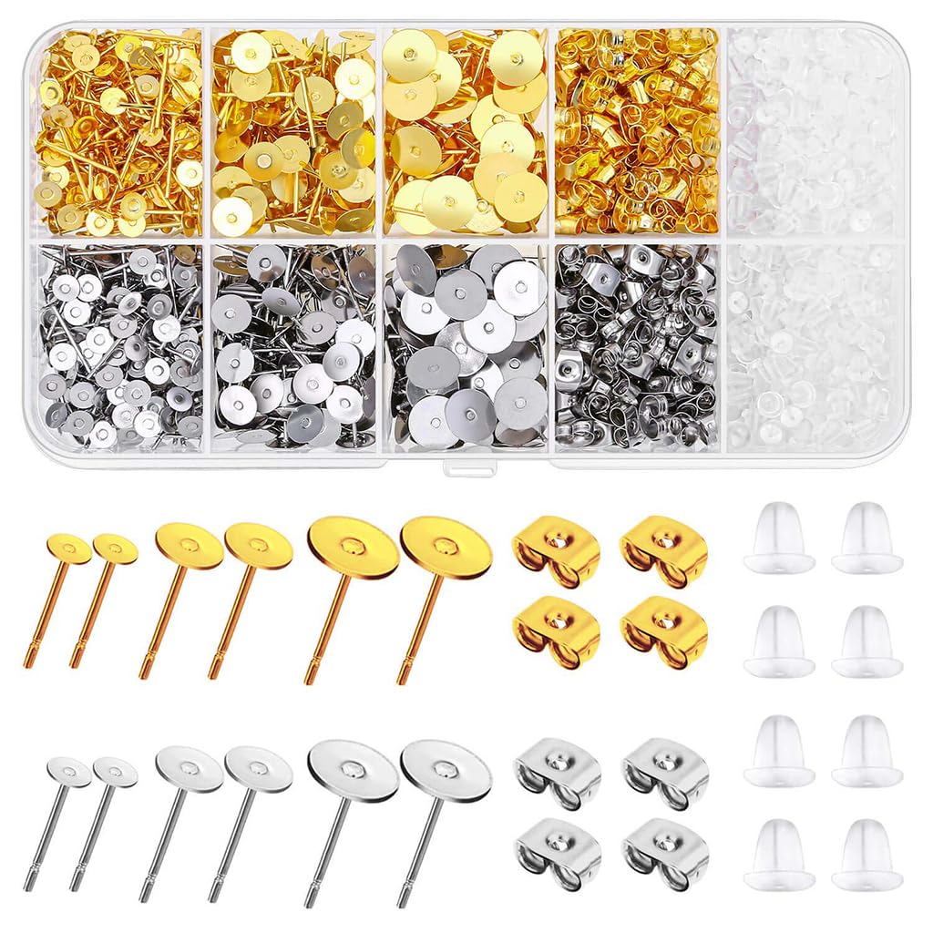 MAYCREATE 2000 Pieces Earring Jewellery Making Kit 2 Color Earring Back Stopper And Stud Earrings Post Kit with 3 Sizes Stainless Steel Silicone Earring Backs with Storage Box