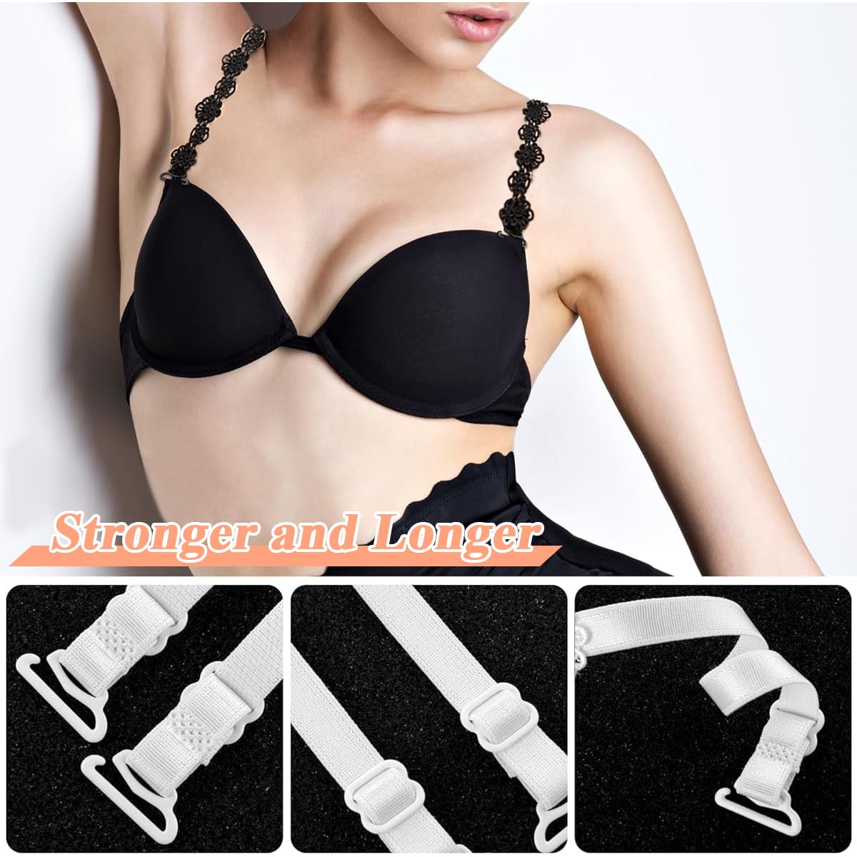 MAYCREATE Bra Straps Replacement for Dresses and Vests featuring Adjustable Lace Flower Design | 3 Pairs in White Beige and Black