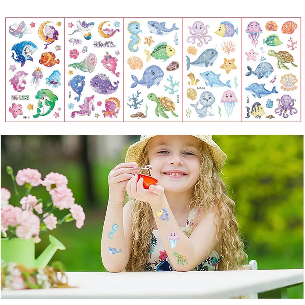 MAYCREATE Tattoo Sticker for Kids with 10 Sheets Waterproof 12×6cm Ocean Animal Designs | Fun DIY Body Art for Parties