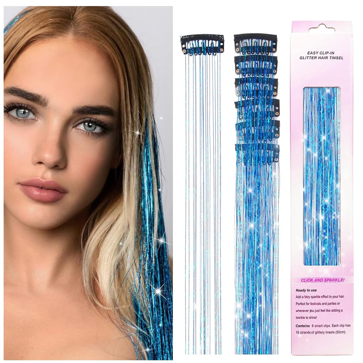 MAYCREATE 6pcs Hair Tinsel Hair Extensions for Women Girls Blue Glitter 20'' Clip-in Fairy Hair Tinsels Highlight Sparkling Tinsel Hair Clips for Party, Festival