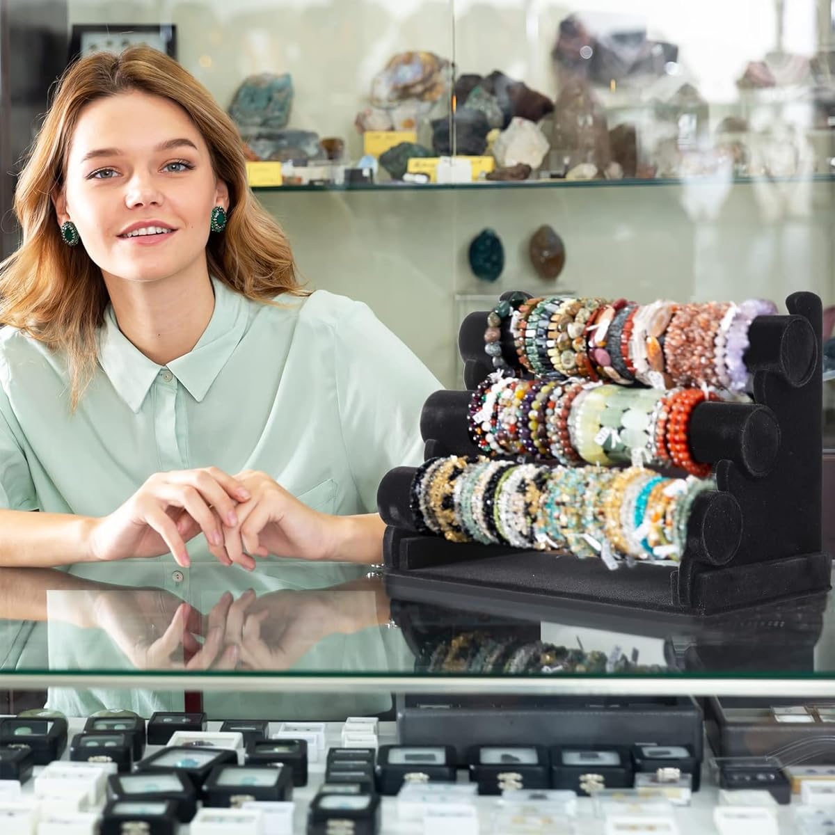 MAYCREATE Bracelet Organizer 3-Tier Bracelets Holder Jewelry Display Stand for Watch, Bangle, Bracelet - Detachable Velvet Desk Showcase Storage Rack, Black