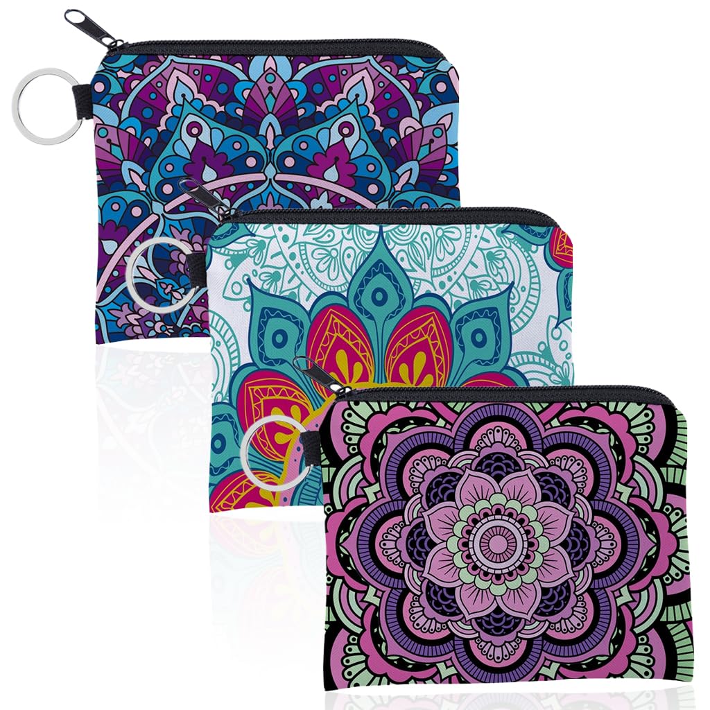 MAYCREATE Mandala Coin Purse Set for Travel and Daily Use with Metal Loop Ring | 3Pcs Polyester Pouches for Women and Girls