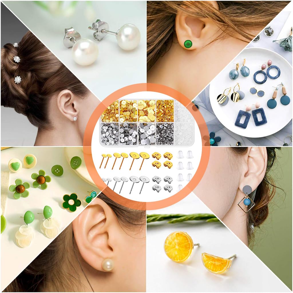 MAYCREATE Earring Jewellery Making Kit 2000 Pieces with Storage Box and 3 Sizes Stainless Steel Backs | Gold and Silver DIY Stud Earring Supplies