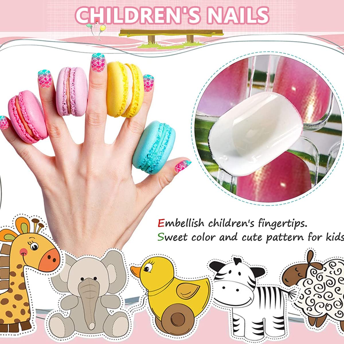 MAYCREATE 120pcs Nail Art Kit for Kids, Children Fake Nails Artificial Nail Tips Girls Full Cover Short False Fingernails for Kids Little Girls Nail Art Decoration, Set of 5