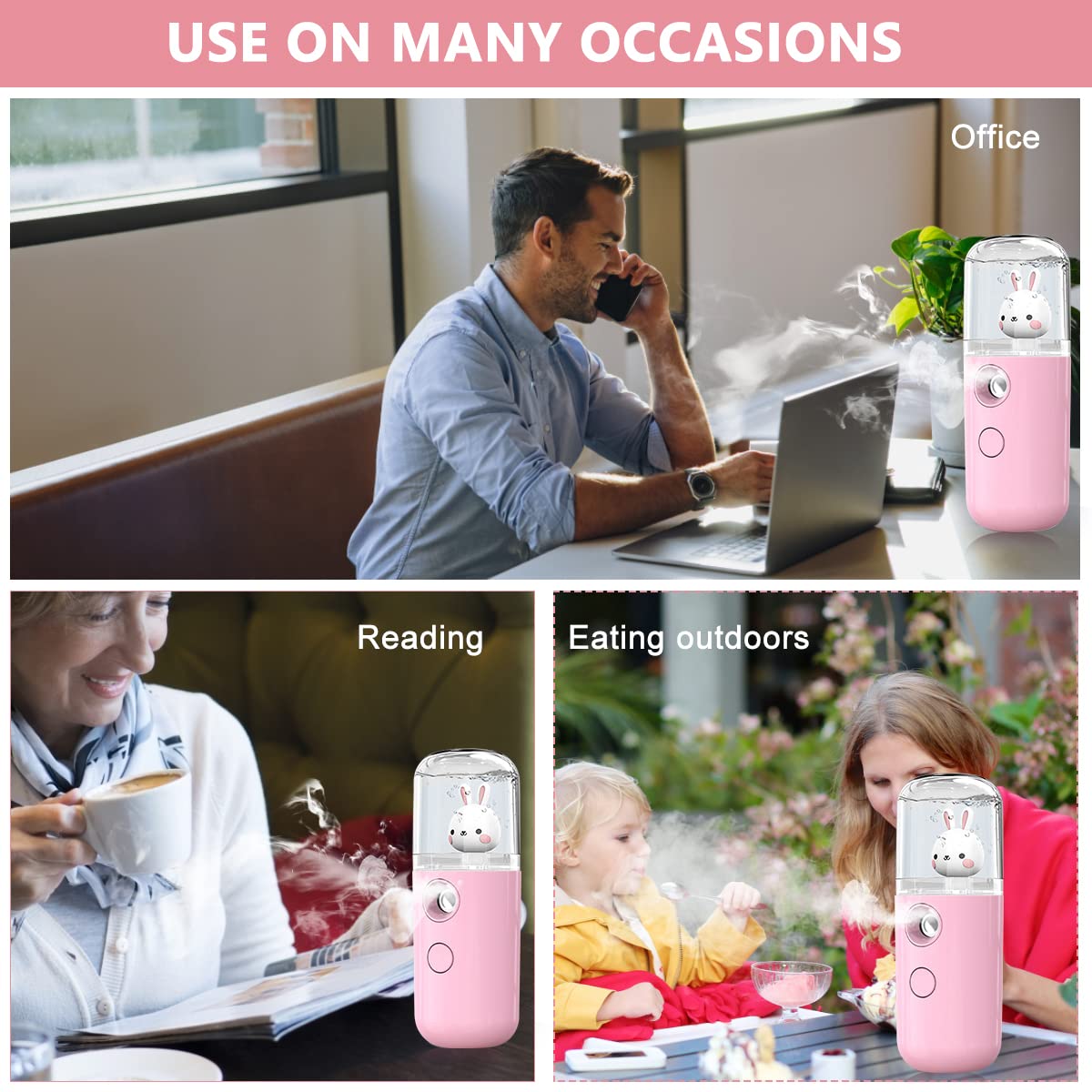 MAYCREATE Facial Nano Mist Sprayer 30ml Portable Mini Face Mist Spray Machine, Cartoon Bunny Design & USB Rechargeable, for Facial Moisturizing Skin Care - Pink