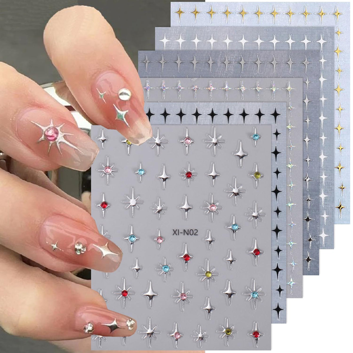MAYCREATE 6 Sheets Star Nail Stickers Y2K Nail Art Decal Stickers, 3D Galaxy Stars Nail Art Design Decals Self-Adhesive Star Stickers DIY Nail Decals Nail Tips for Nail Extension Decoration