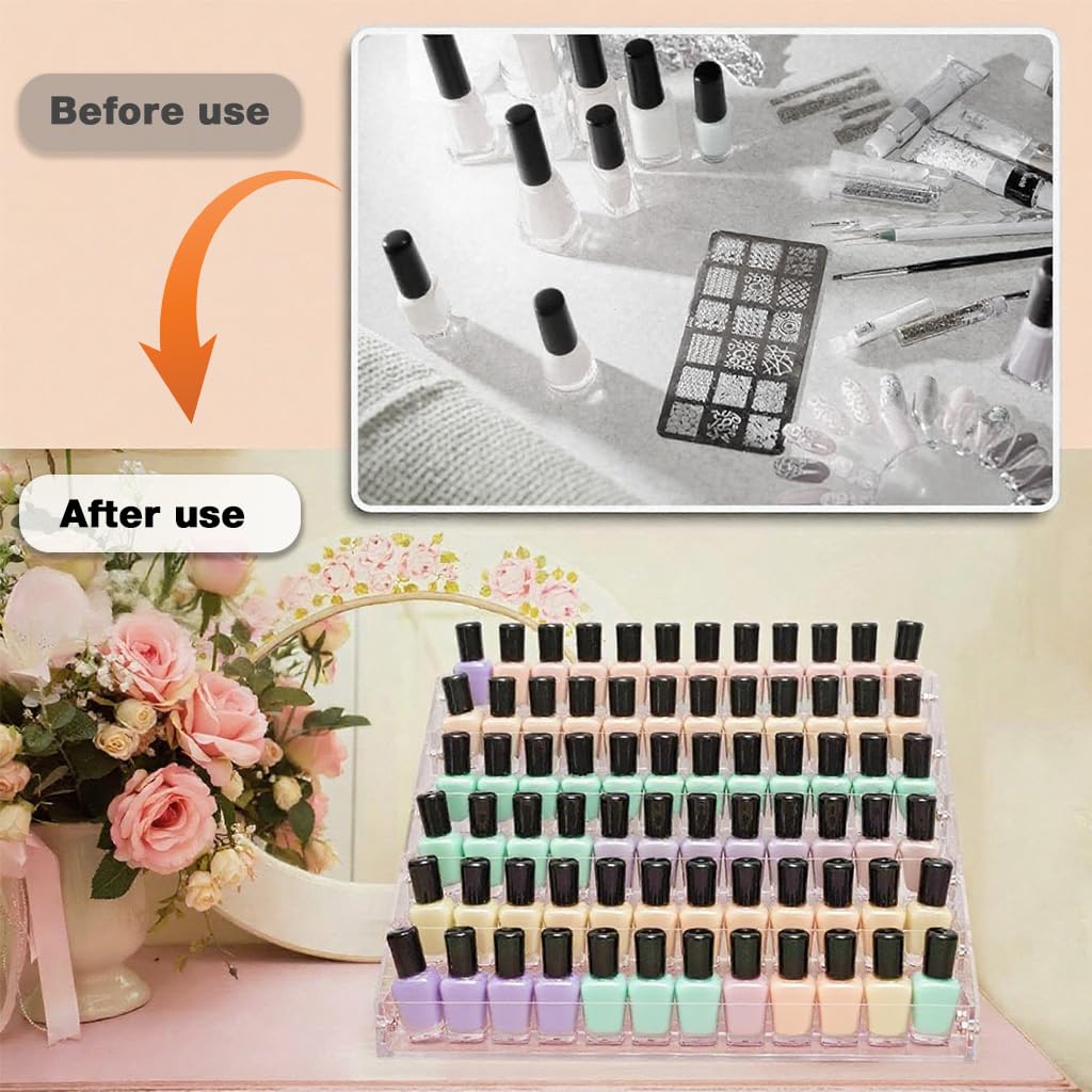 MAYCREATE Nail Polish Organizer Box for Vanity and Salon with 7 Tier Stepped Acrylic Display | 12x15x11 inch