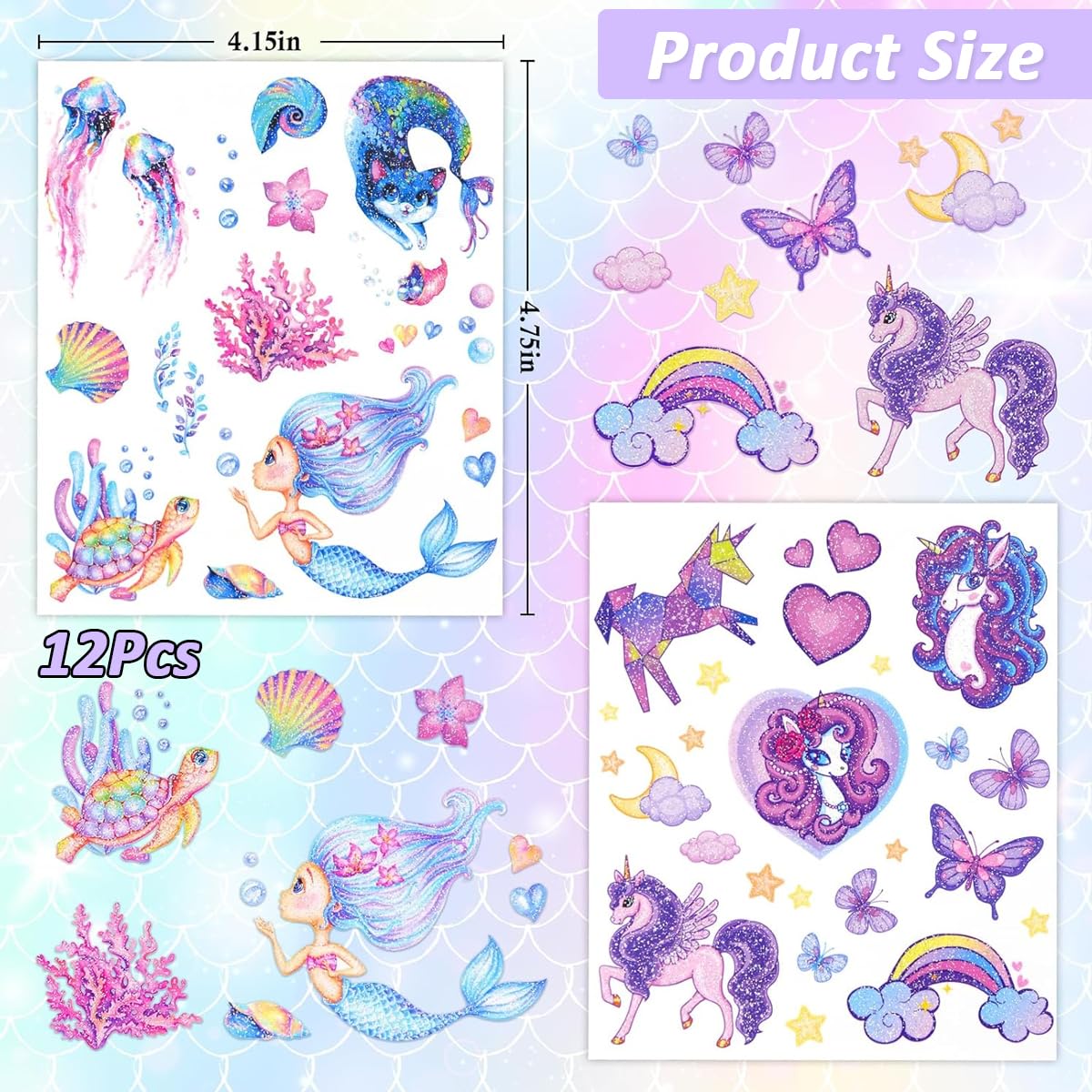 MAYCREATE Temporary Tattoo Stickers for Party featuring 12 Sheets Glitter Waterproof Designs | Safe for Kids