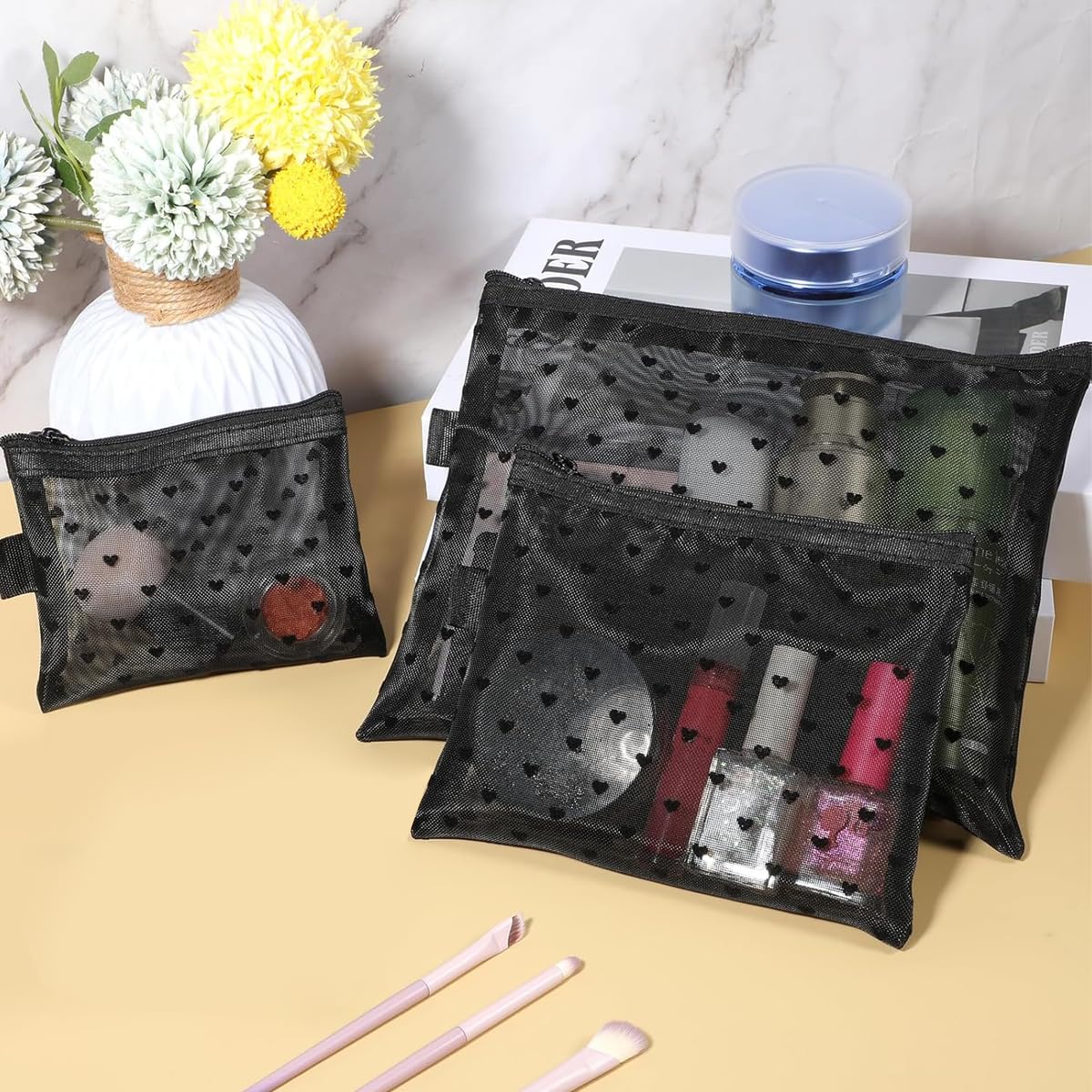 MAYCREATE Cosmetic Bags 3pcs Mesh Makeup Pouches with Zipper for Travel | Heart Print Design